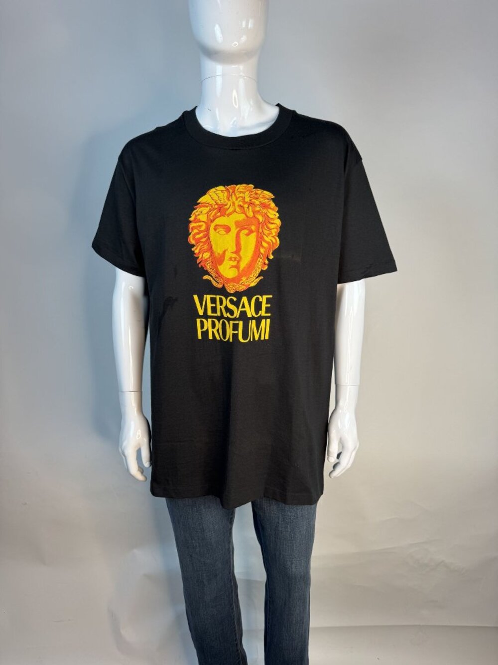 Versace Profumi Black Graphic Tee With Medusa Print - Vintage Style - Unisex - S